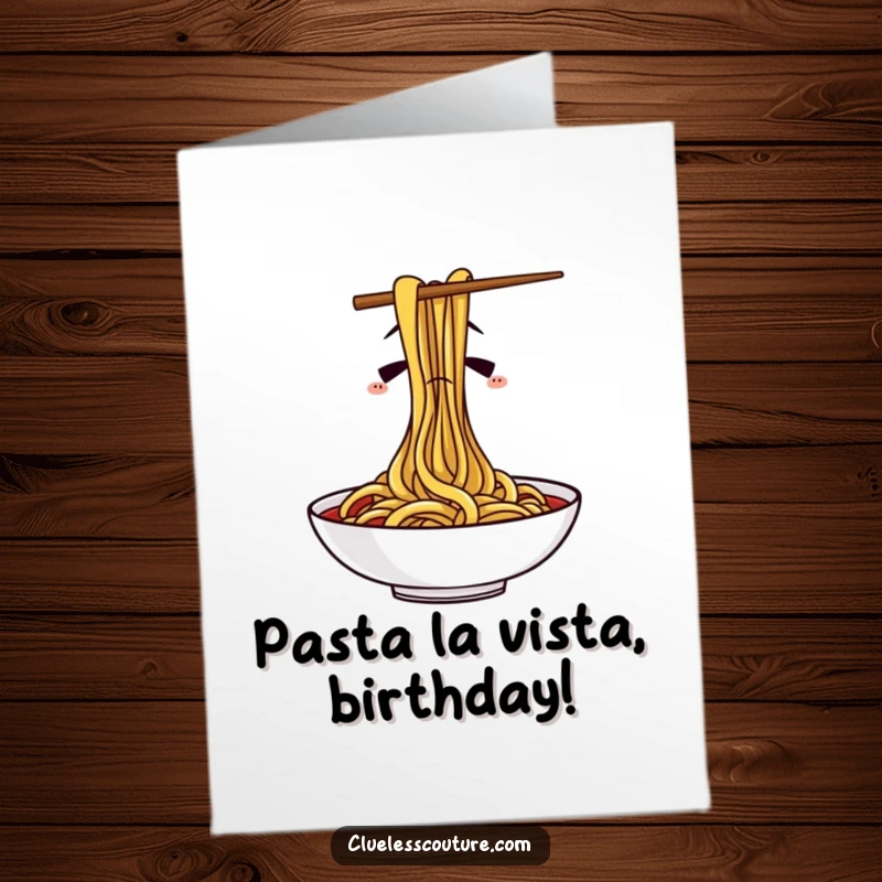 Funny Free Printable Birthday Card: Confused chopsticks struggle hilariously with a plate of spaghetti, perfect for DIY humor.
