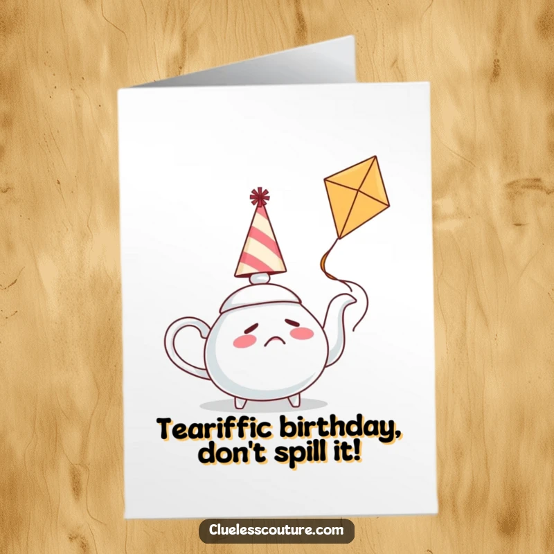 Funny free printable birthday card featuring a confused teapot in a party hat struggling to fly a kite, a whimsical illustration.