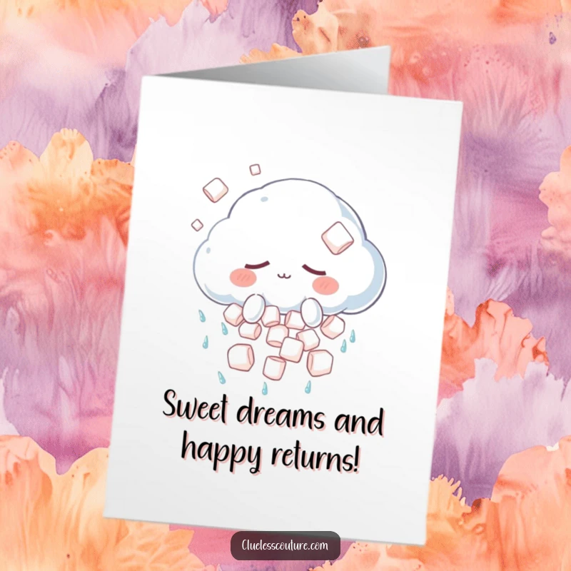 Funny Free Printable Birthday Card featuring a sleepy cloud accidentally showering marshmallows, perfect for a whimsical birthday wish.