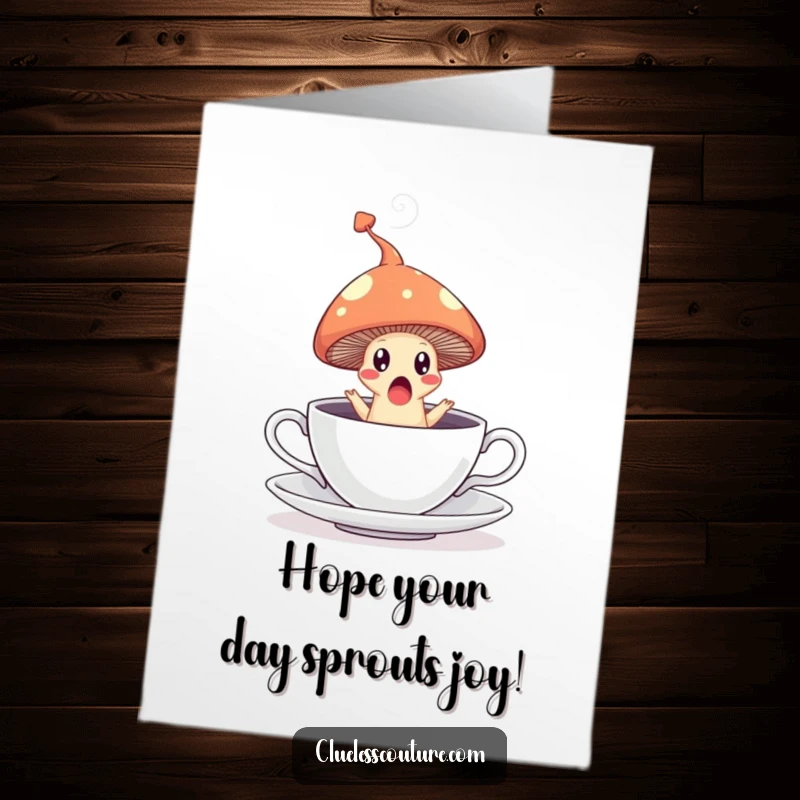 Funny free printable birthday card: mushroom surprised, leaping from a teacup with a steam trail, a whimsical moment.