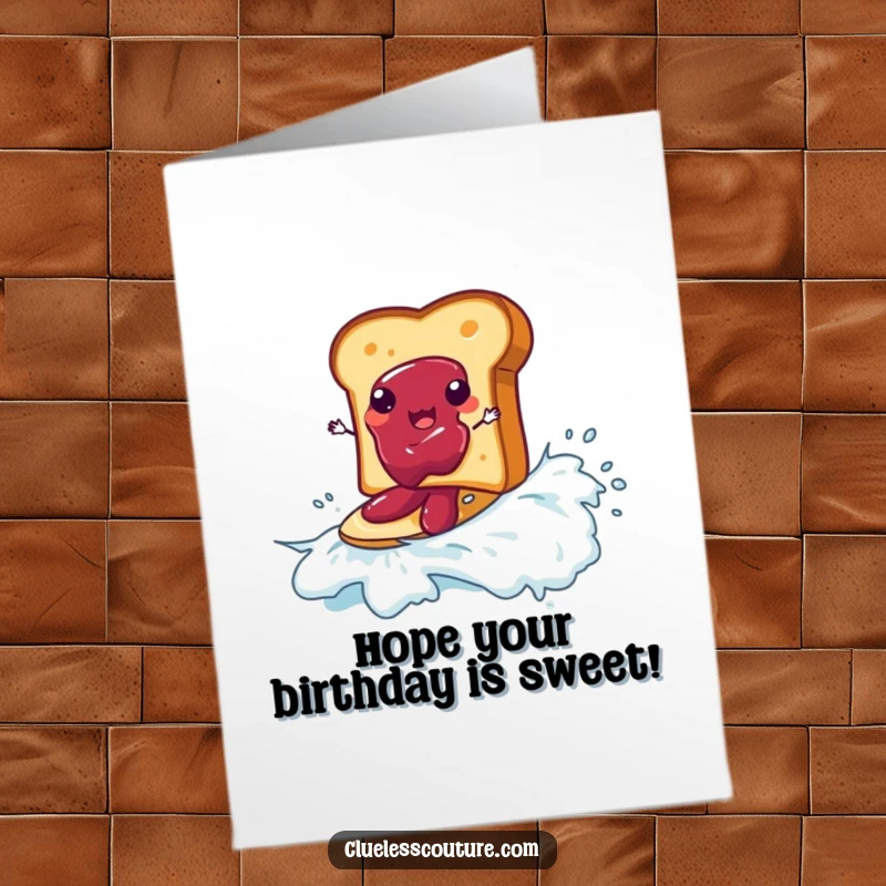 Funny free printable birthday card: piece of toast surfing on a jam wave, a comical breakfast adventure.