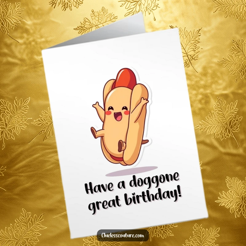 Funny Free Printable Birthday Card: A delighted hot dog character mid-cartwheel inside its bun, celebrating a birthday with flair.