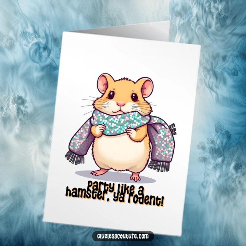 Funny Free Printable Birthday Card: A shy hamster nervously struts a runway in a huge sequined scarf, fashion fail.