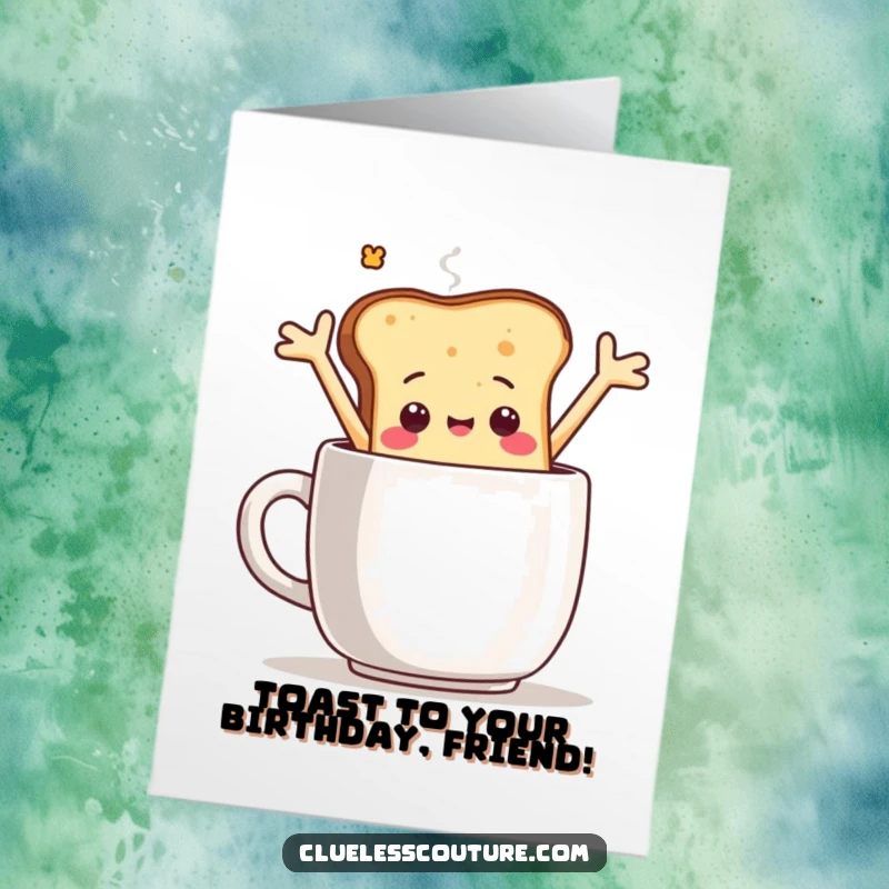 Funny Free Printable Birthday Card: Toast character flails arms falling into coffee, wishing a hilariously happy birthday. Breakfast humor!