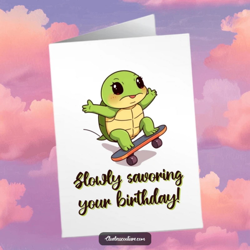 Funny free printable birthday card: a turtle hilariously tries to skateboard uphill with immense effort, a downloadable laugh.