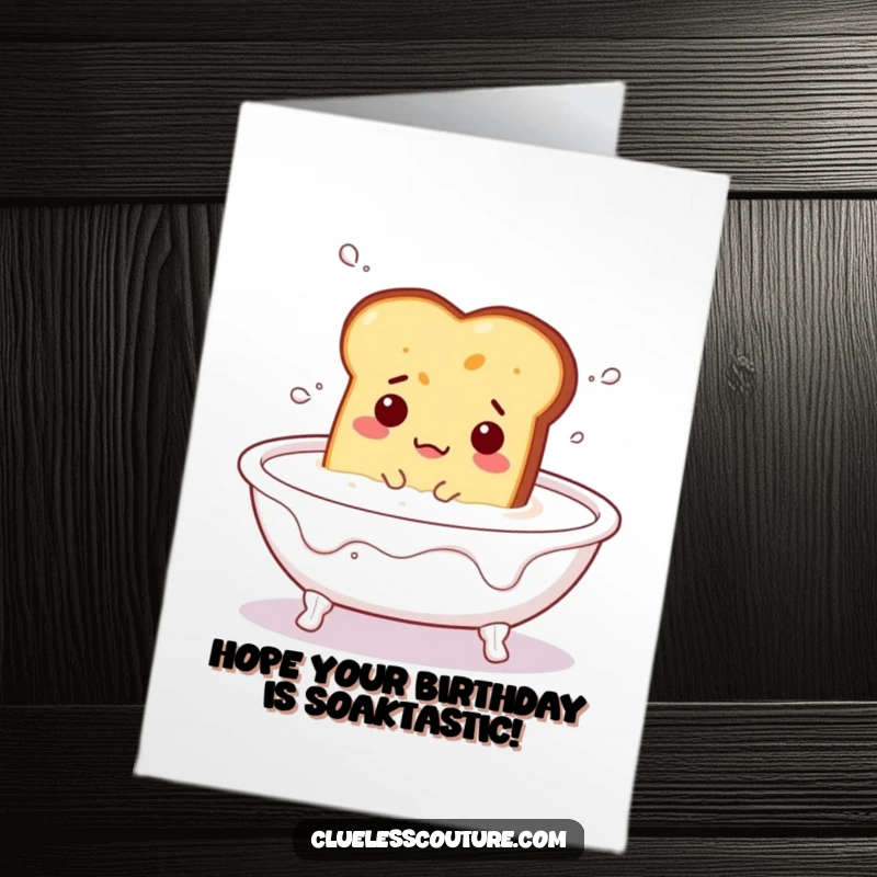 Funny free printable birthday card showing a bewildered piece of toast floating in a bathtub filled with milk, a cozy and absurd scene.