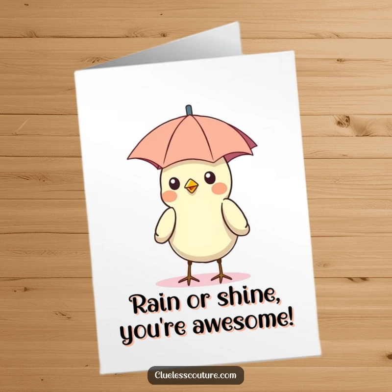 Funny free printable birthday card featuring a sun-loving bird humorously wearing a tiny umbrella as a hat.