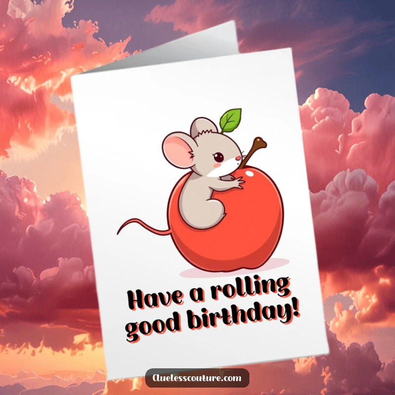Funny free printable birthday card depicting a tiny mouse accidentally joyriding on a runaway rolling apple, a picture of wild fun.
