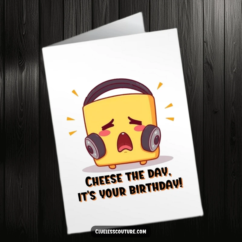 Funny free printable birthday card showing a startled cheese block with headphones, shocked by loud music, perfect for a music lover.