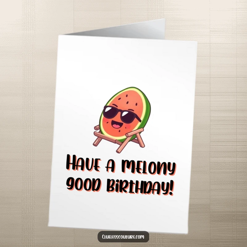 Funny free printable birthday card showing a laughing watermelon slice in sunglasses, sunbathing on a tiny beach chair, embodying pure summer joy.