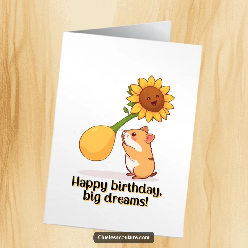 Funny Free Printable Birthday Card: A determined hamster struggles to lift an absurdly large single sunflower seed, a Herculean effort.