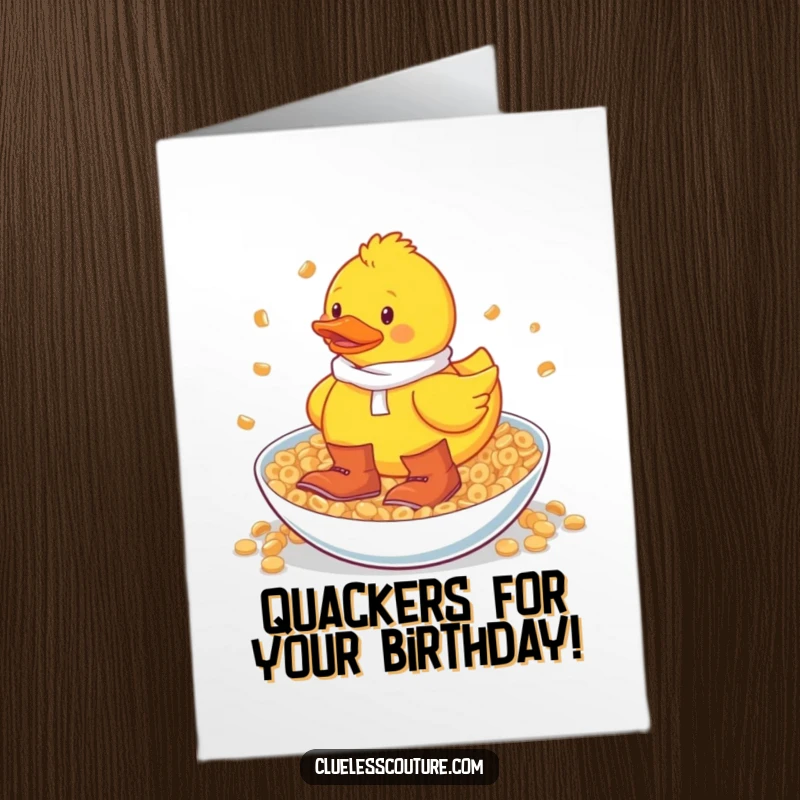 Funny Free Printable Birthday Card: A rubber duck in big boots splashing in cereal, a quirky and joyful cartoon.