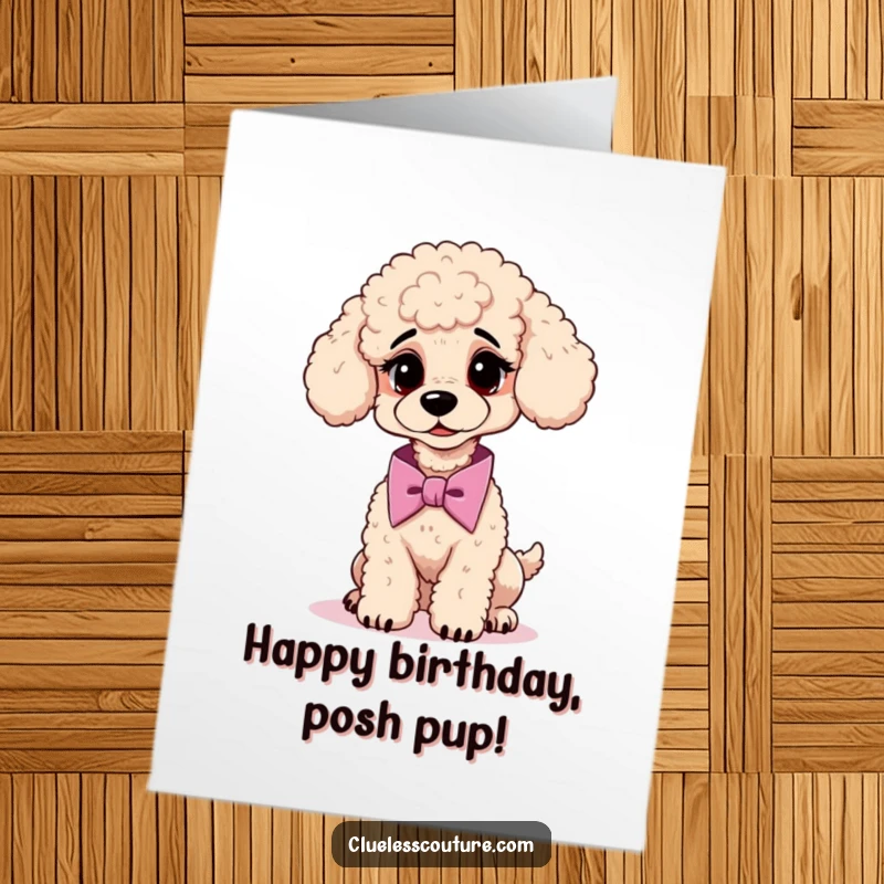 Funny Free Printable Birthday Card: A confused poodle struggles to tie a neck cravat, a humorous occasion card.