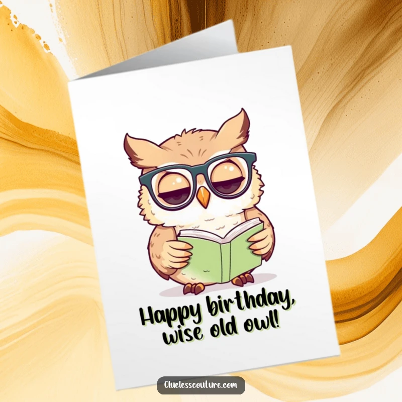 Funny Free Printable Birthday Card: A confused owl wearing glasses, squinting at a tiny book, perfect for a funny birthday.