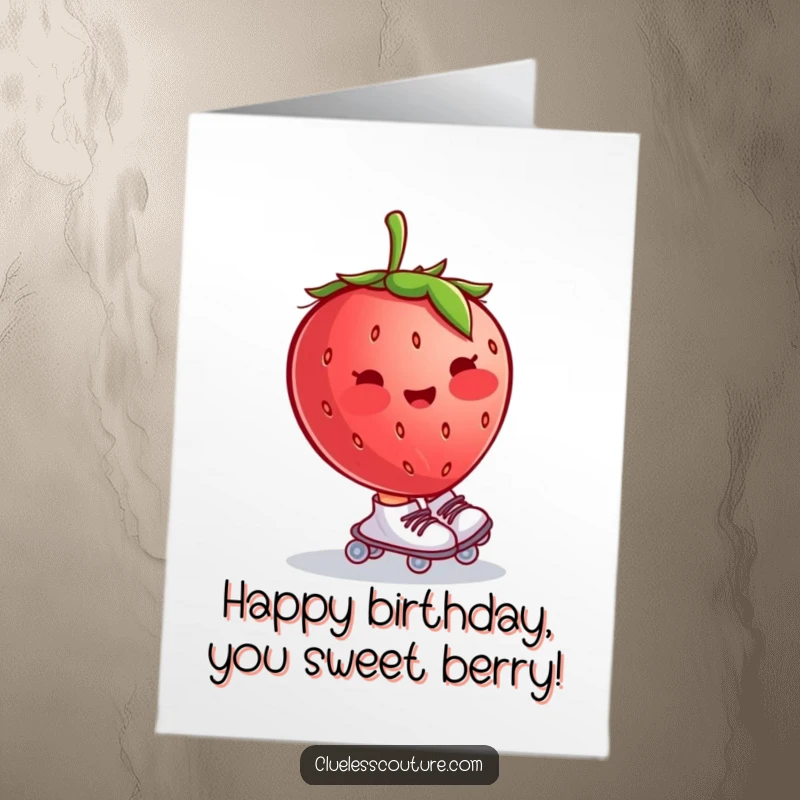 Funny free printable birthday card featuring a blushing strawberry wearing tiny roller skates and wobbling uncontrollably, a cute and comical scene.