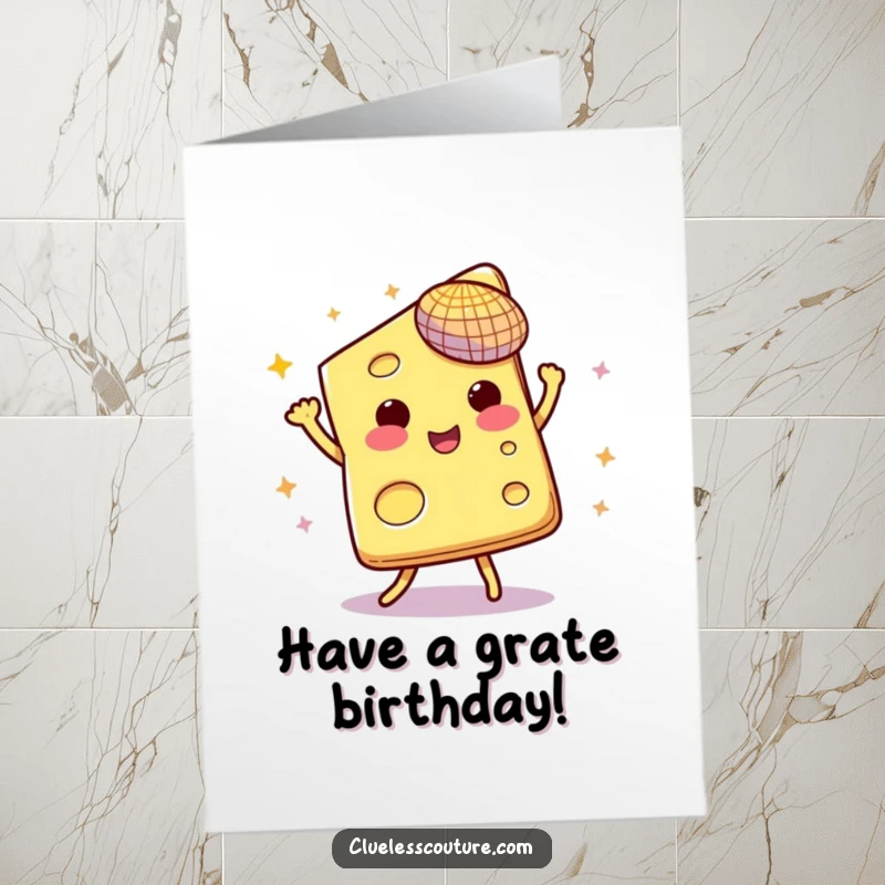 Funny Free Printable Birthday Card: A dancing slice of cheese with a tiny disco ball, ready to boogie down and celebrate.