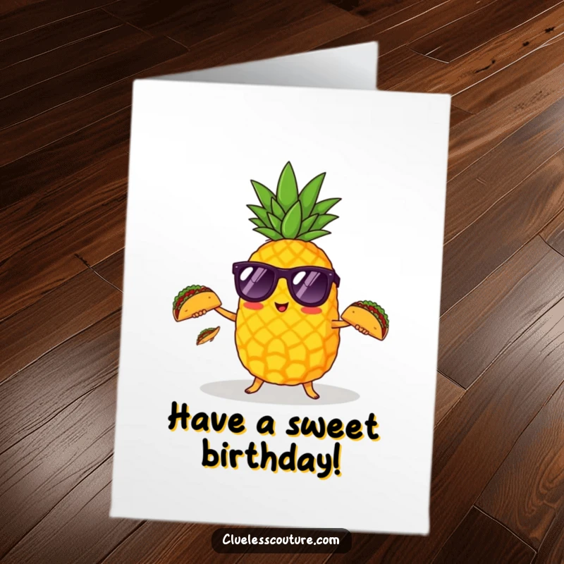 Funny Free Printable Birthday Card: A pineapple in sunglasses juggling tacos, celebrating with tropical flair and humor.