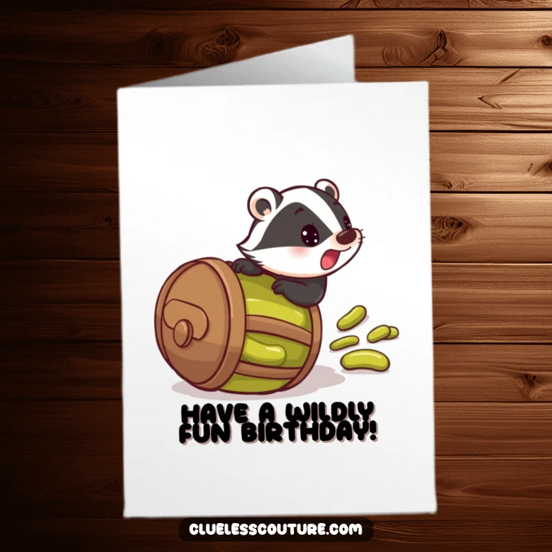 Funny free printable birthday card: startled badger inside a barrel of pickles rolling downhill, a chaotic pickle adventure.