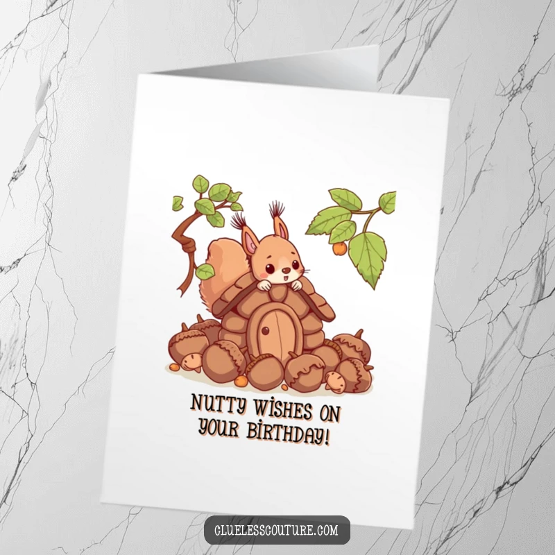 Funny free printable birthday card featuring a squirrel hilariously struggling to build a house with giant acorns, looking determined.