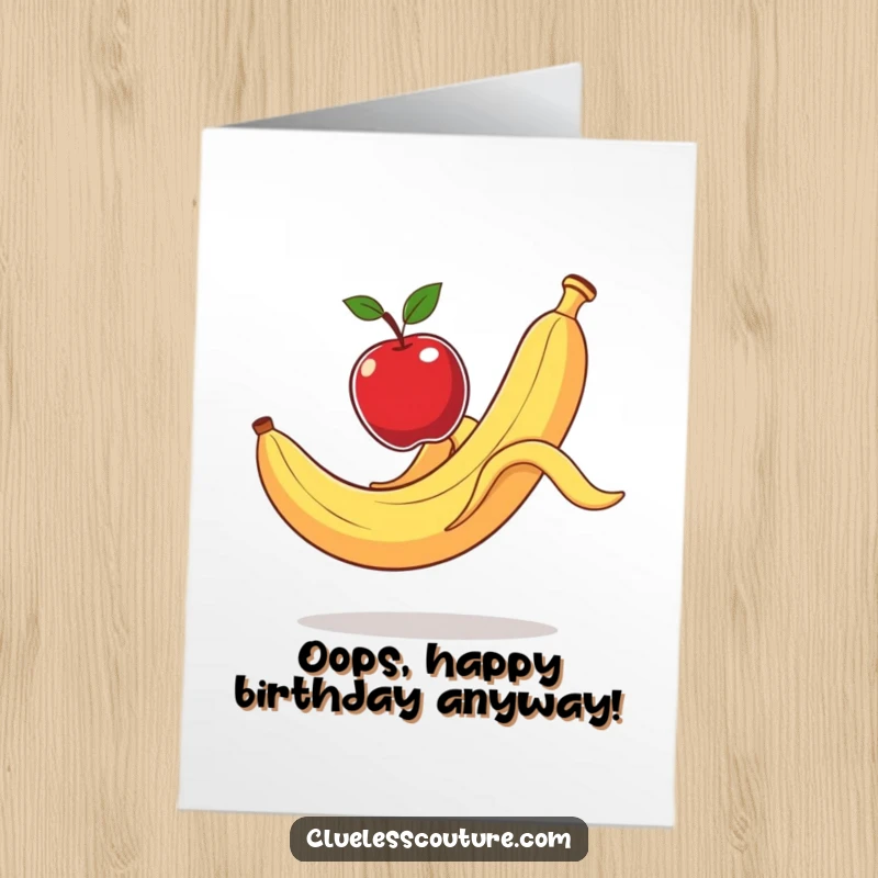 Funny Free Printable Birthday Card: Banana peel slips, launching an apple, perfect for a giggle-filled DIY celebration.