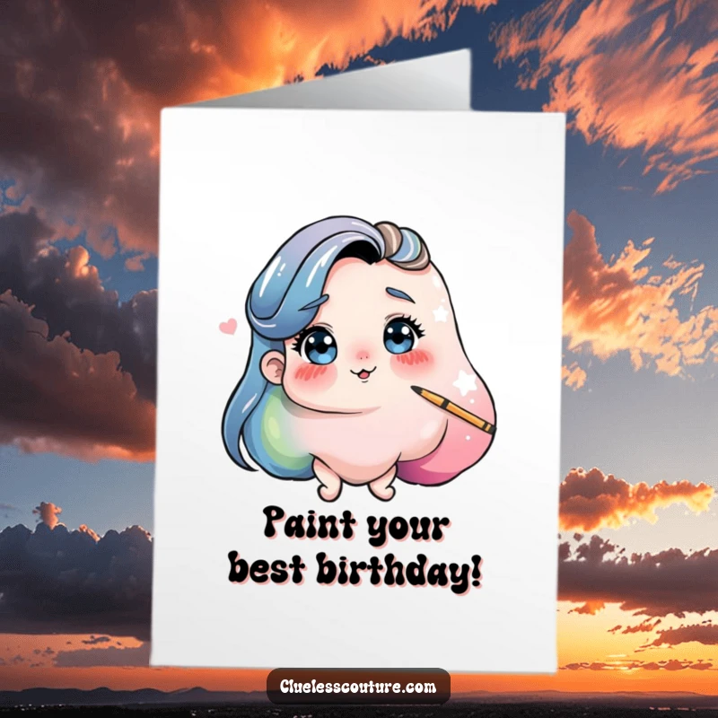 Funny Free Printable Birthday Card: Playful paint blob attempting self-portrait, a humorous DIY downloadable.