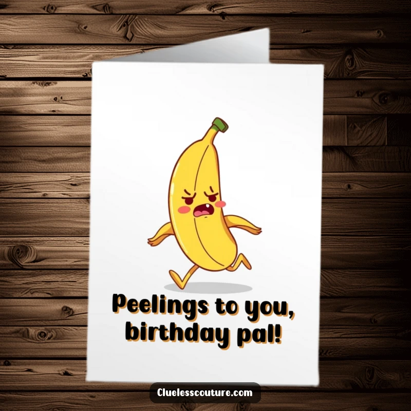 Funny Free Printable Birthday Card: Nervous banana cartoon tripping over its own peel while running, comical DIY gift.