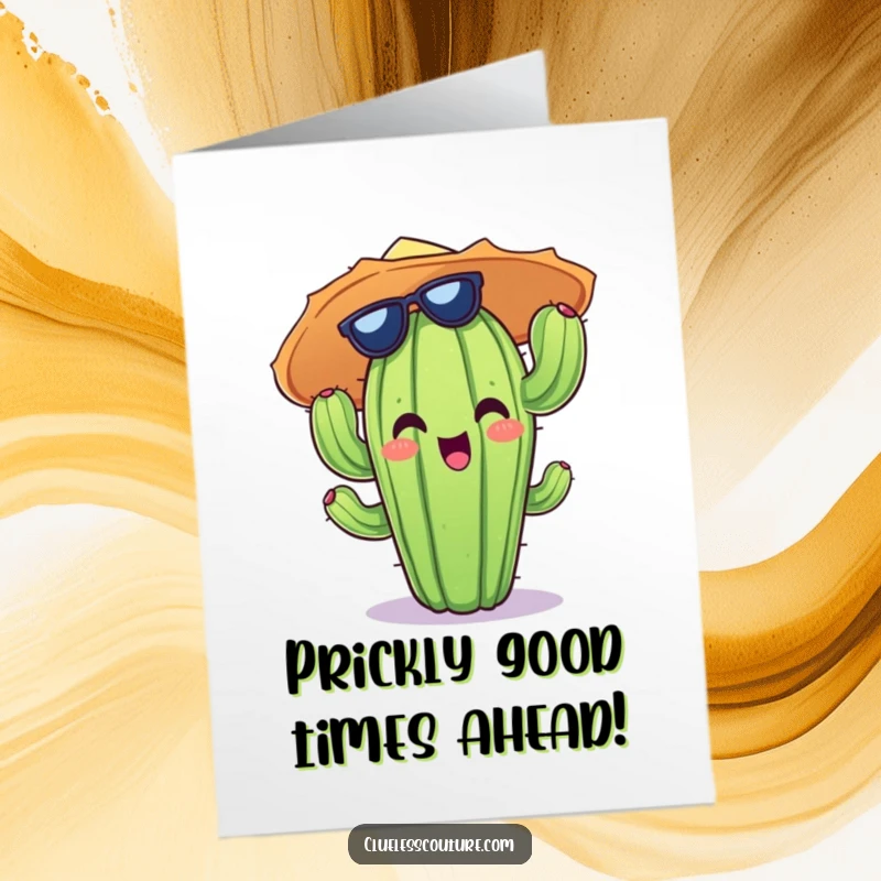 Funny Free Printable Birthday Card: A cheerful cactus with a ridiculous sun hat, ready to party and spread laughs.