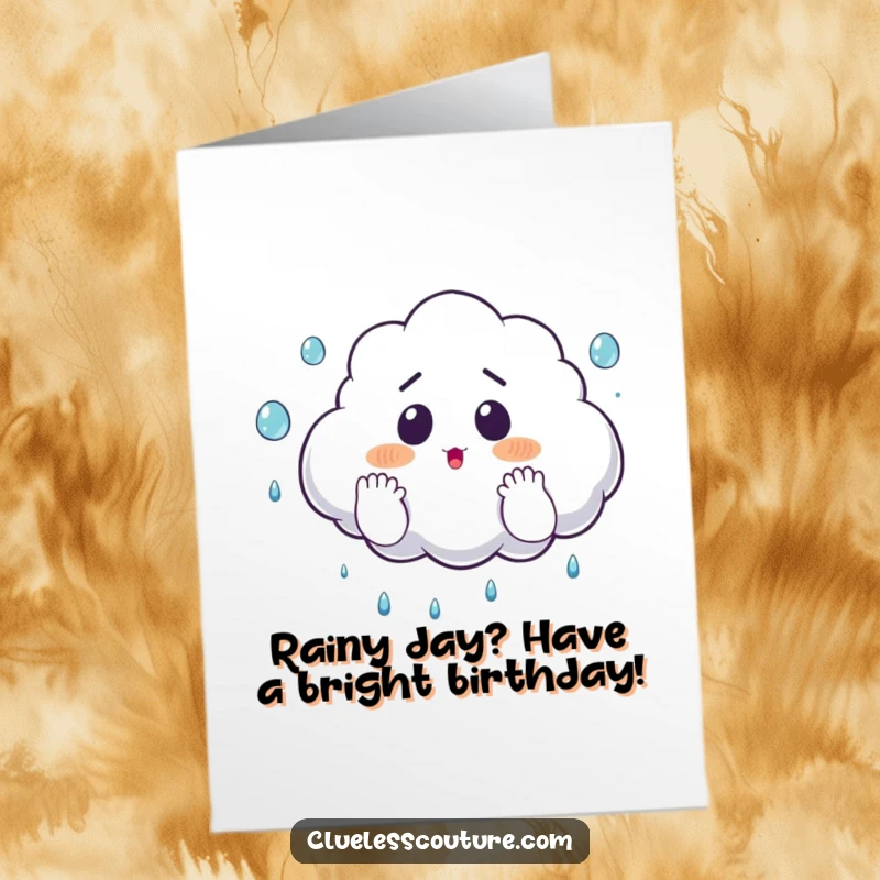 Funny free printable birthday card featuring a surprised cloud juggling raindrops with its fluffy hands, a whimsical weather illustration.