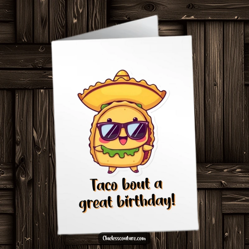 Funny Free Printable Birthday Card featuring a proud taco in a sombrero and sunglasses, ready to party.