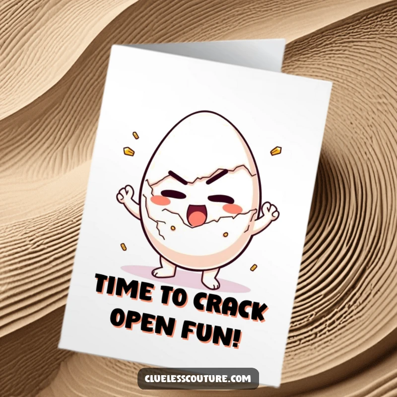 Funny Free Printable Birthday Card: A determined egg character comically trying to crack itself open for breakfast.