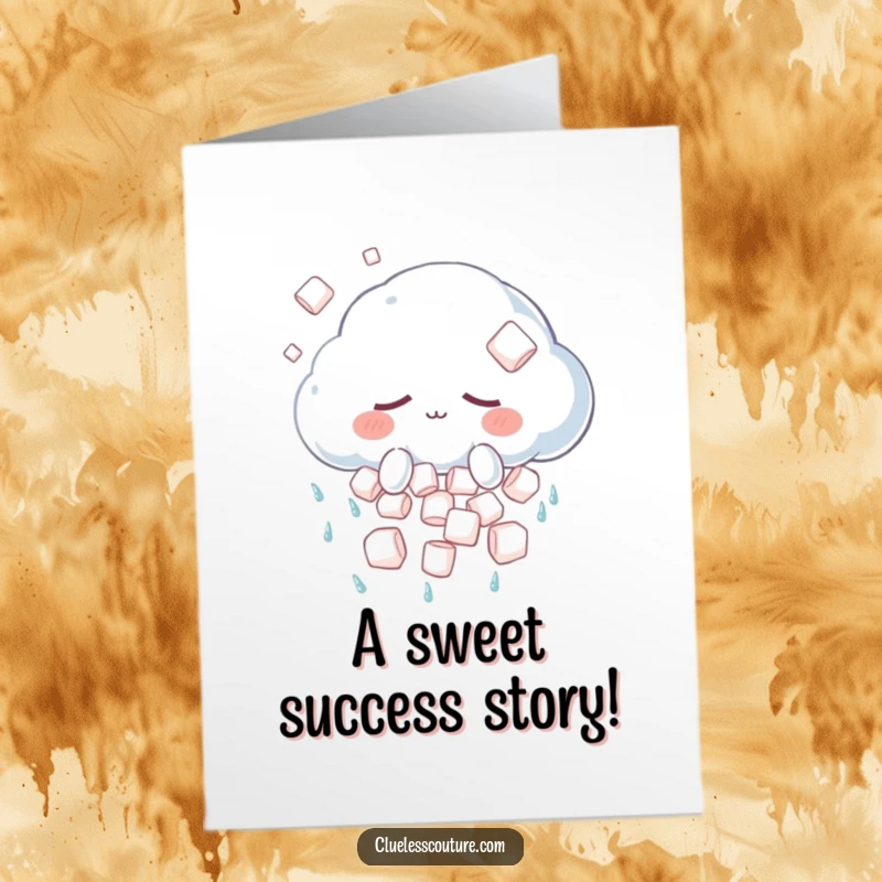Funny Free Printable Congratulations Card showing a sleepy cloud raining marshmallows, celebrating their sweet victory.
