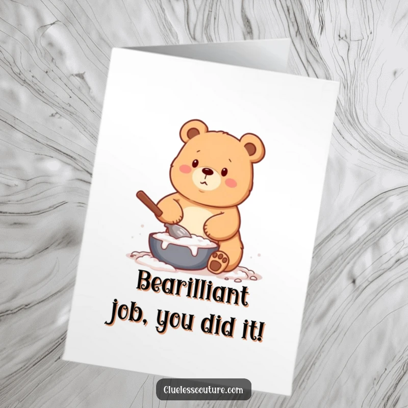 Funny free printable congratulations card: a bear is covered in flour while trying to bake, a humorous downloadable success.