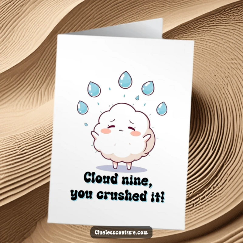 Funny Free Printable Congratulations Card: Overwhelmed cloud juggles raindrops, celebrating success with a touch of chaotic charm. Great for any win.