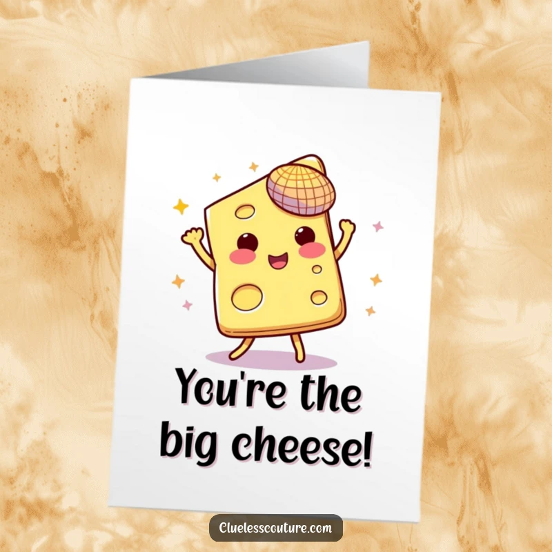 Funny Free Printable Congratulations Card: A slice of cheese grooving under its own disco ball, celebrating your success.