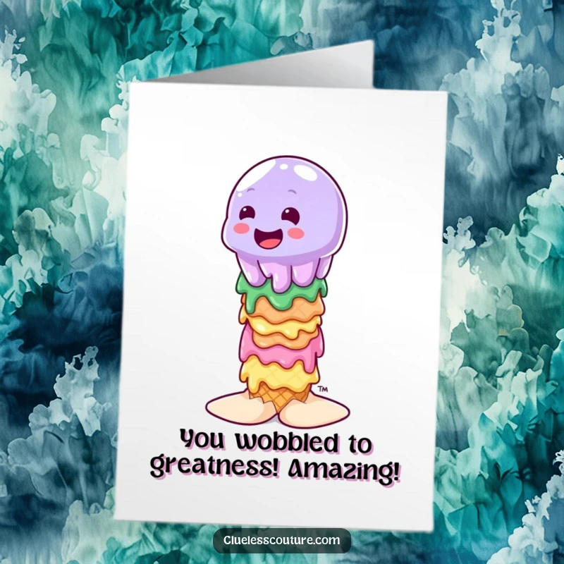Funny Free Printable Congrats Card: A wobbly jelly tries to keep its balance on a tower of melting ice cream cones.