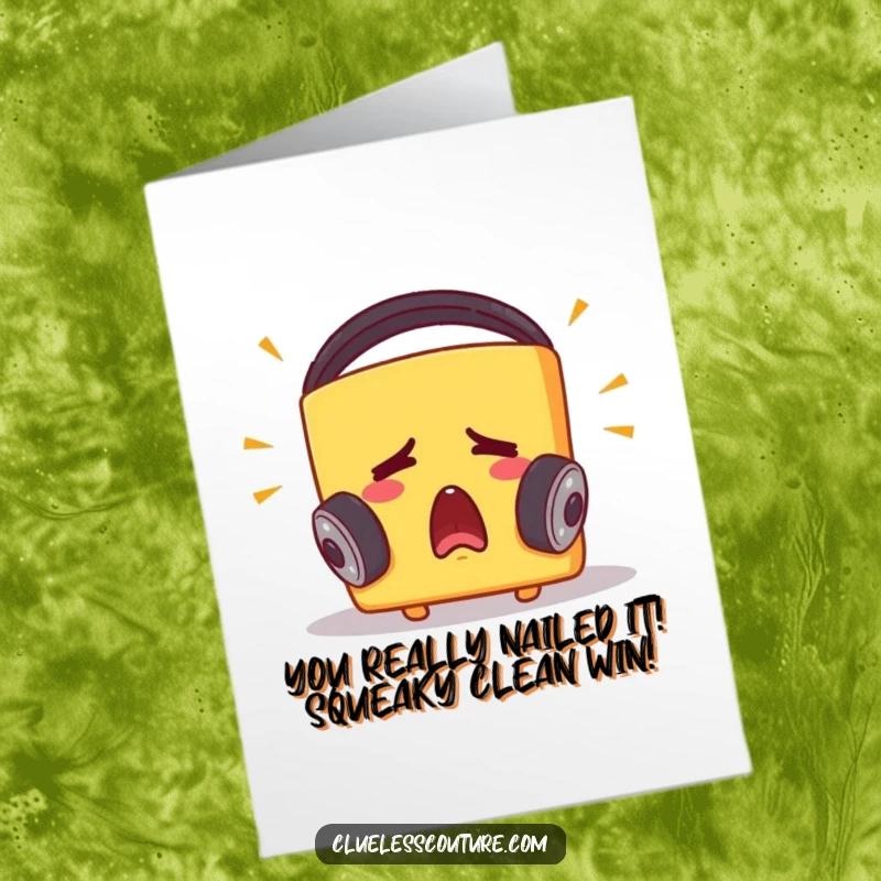 Funny free printable congratulations card featuring a startled cheese block with headphones, reacting to music, perfect for any celebration.