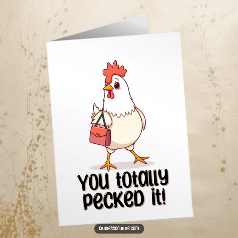 Funny Free Printable Congrats Card: A chicken confidently struts with a tiny designer handbag, a chic congratulatory image.