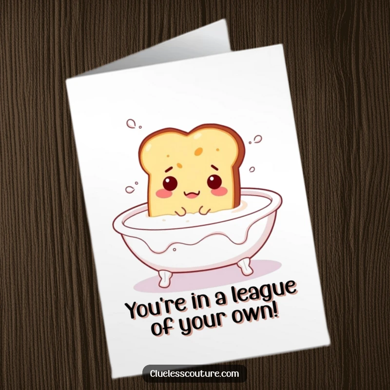 Funny free printable congratulations card featuring a bewildered piece of toast floating in a bathtub full of milk, symbolizing a relaxing reward.