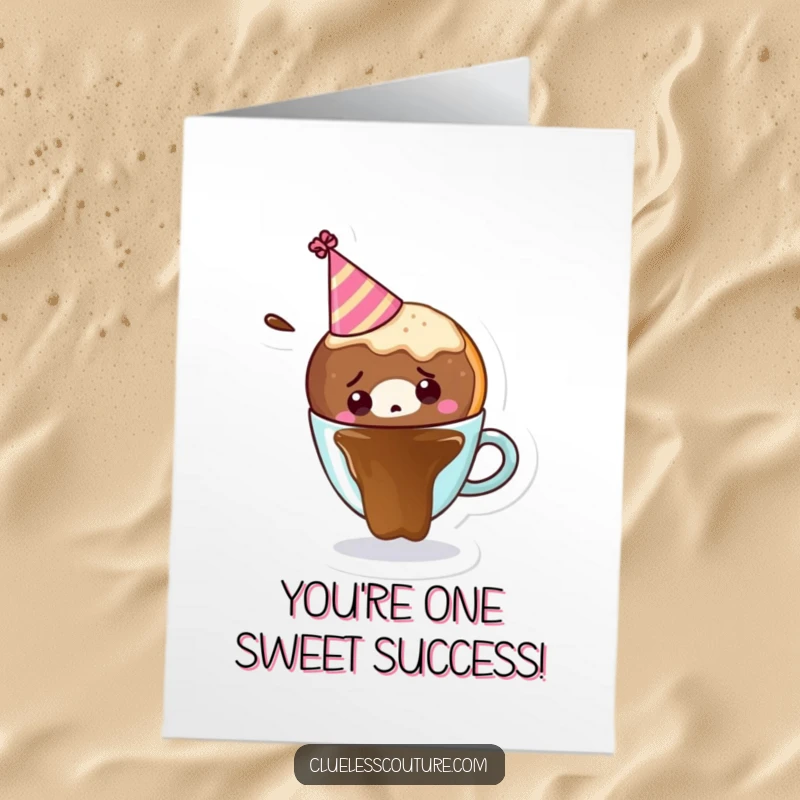 Funny Free Printable Congratulations Card: A donut wearing a party hat is hilariously falling into a coffee cup, celebrating a win.