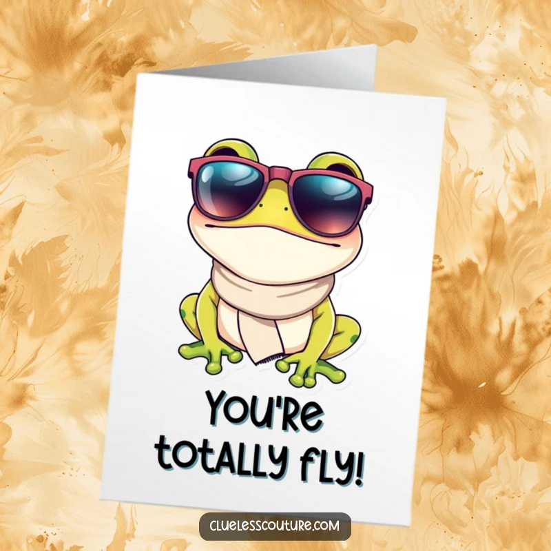 Funny Free Printable Congratulations Card: A fashionable frog sporting big sunglasses and a jaunty scarf, celebrating success.