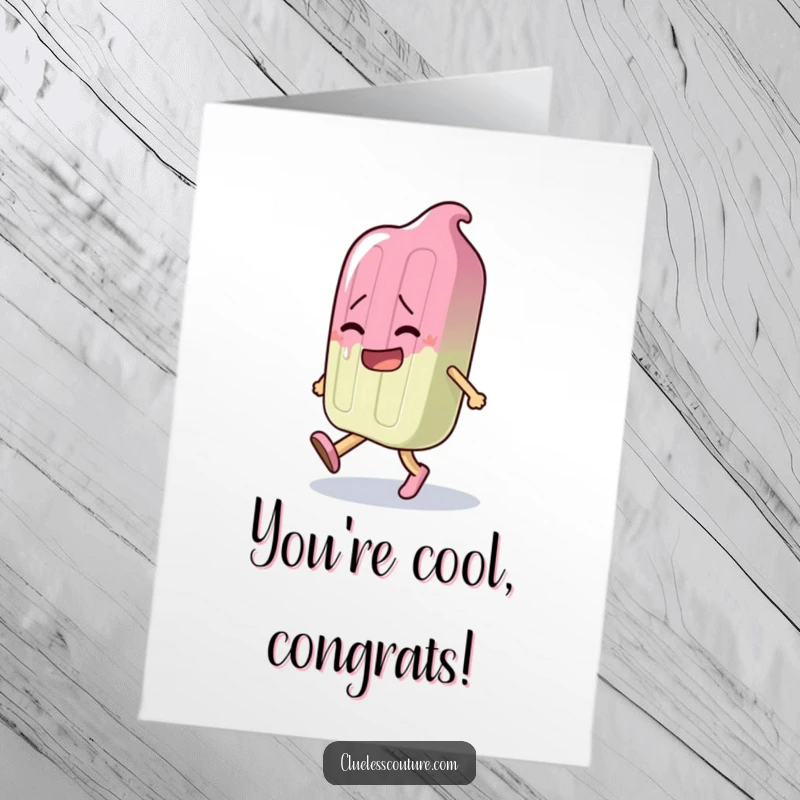 Funny Free Printable Congratulations Card: A dramatic melting popsicle character stumbling, perfect for celebrating achievements.