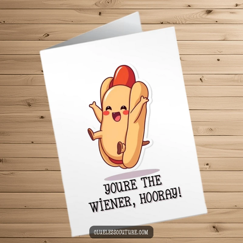 Funny Free Printable Congratulations Card: A joyful hot dog doing a cartwheel inside its bun, celebrating a great success.