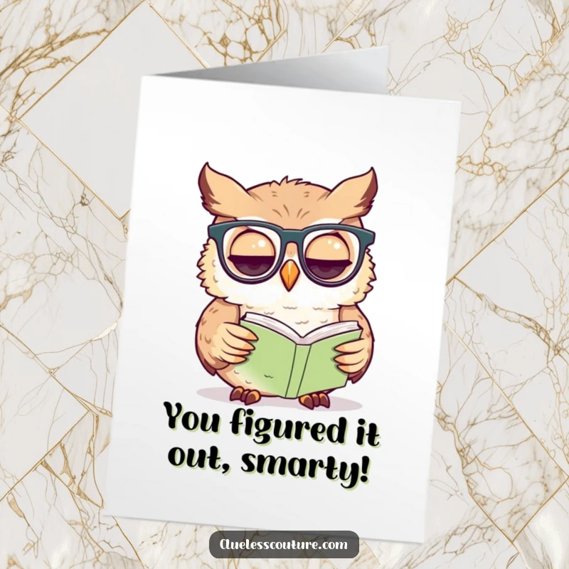 Funny Free Printable Congratulations Card: A confused owl with glasses trying to decipher a tiny book, celebrating a smart win.