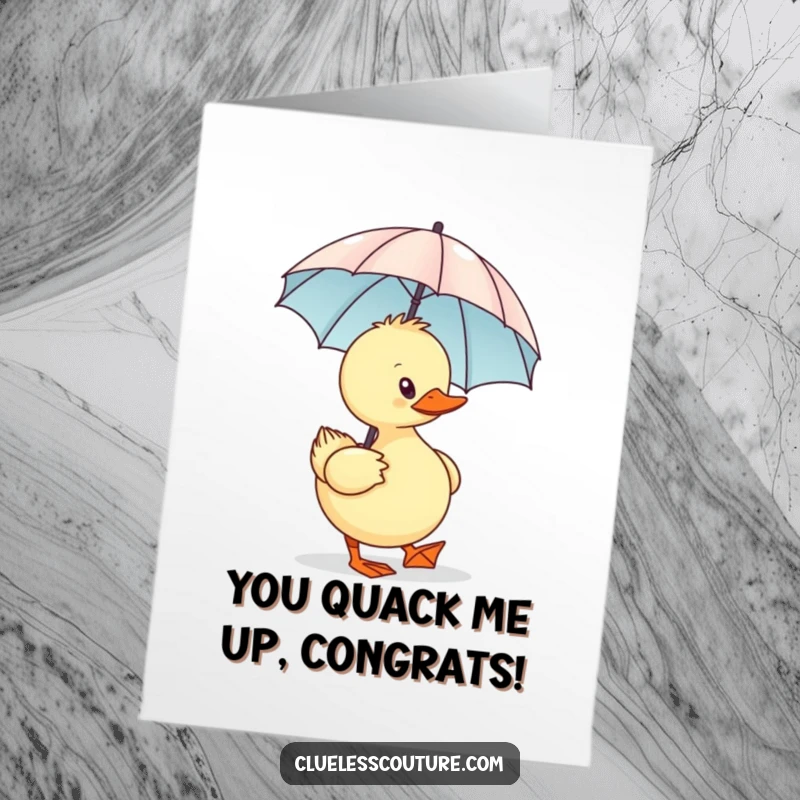 Funny Free Printable Congratulations Card: Sassy duck with a tiny umbrella, waddling proudly, celebrating your amazing achievement with style.