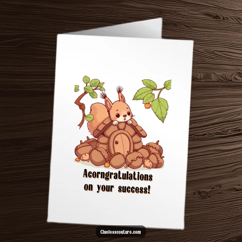 Funny free printable congratulations card with a determined squirrel building a house from oversized acorns, a unique downloadable gift.