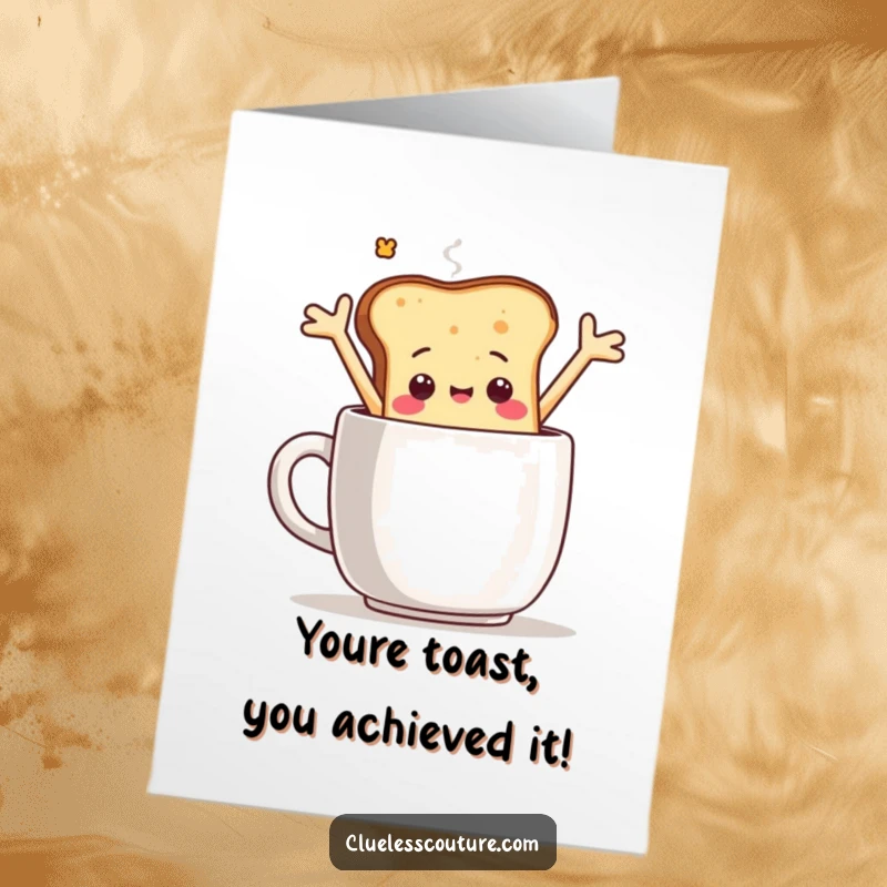 Funny Free Printable Congratulations Card: Toast character dramatically falls into coffee, celebrating success with breakfast-themed flair. Yum!