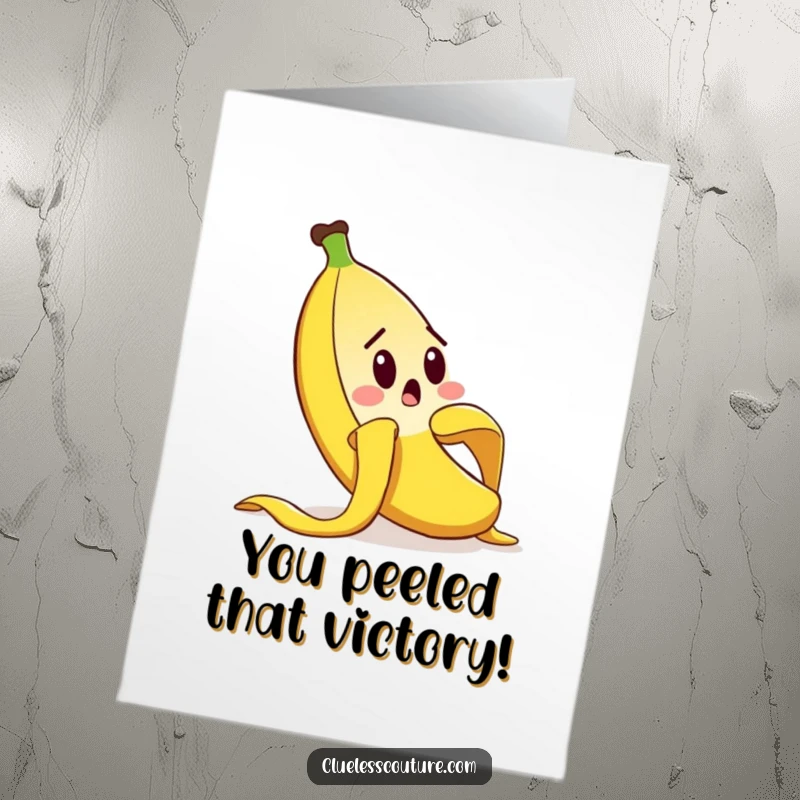 Funny Free Printable Congratulations Card depicting a surprised banana peel character comically slipping on itself in a funny moment.