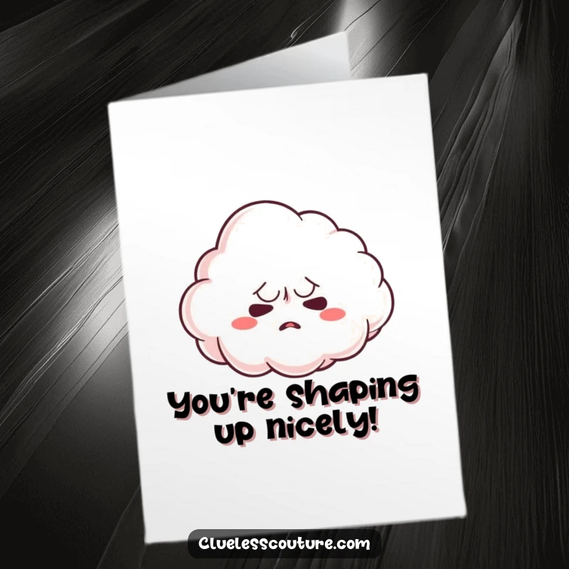 Funny Free Printable Congratulations Card showing a nervous cloud character attempting to shape itself into a celebratory form.