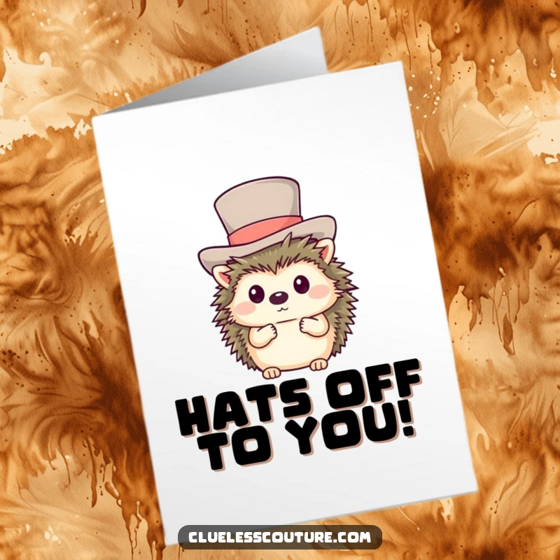 Funny Free Printable Congratulations Card: A shy hedgehog attempting to pose formally with an oversized top hat, looking bashful.