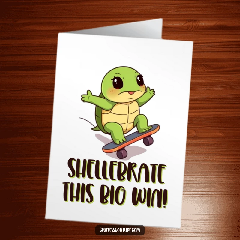 Funny free printable congratulations card: a determined turtle battles to skateboard uphill, a humorous downloadable achievement.